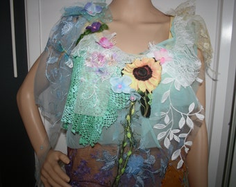Beautiful Ethereal Sunflower Forest dress. Art textured with silk and lace detail. Altered couture. OOAK. Upcycled. Embellished dress.