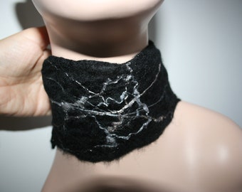 Black Felted Spider web choker Neck Warmer Merino Wool.OOAK.'Spider Web.'Hand made.Cowl.Neck Cuff.Wet Felted Scarf/Shawl/Necklace with silk.