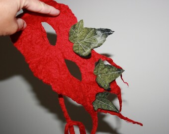 Felted Christmas Elf Garden Gnome Masquerade face accessory. OOAK. Red and green. Wet felted. Felted Ivy leaves. Soft Merino wool.