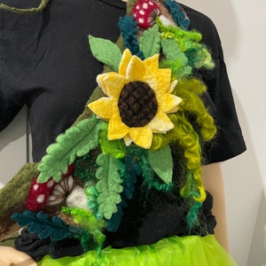 Cheerful Sunflower Toadstool Felted Belt with felted ferns, leaves and Mohair curls. Cascading effect. OOAK Wearable Art. Romantic Woodland.