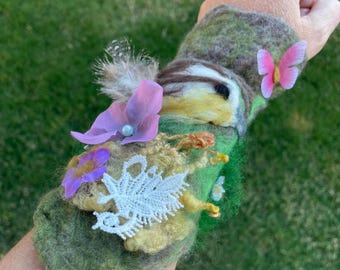 Beautiful felted Carolina Wren bracelet wrist cuff. Gauntlet style. Wrap the cord around and tuck it in. Very soft against skin Merino wool.