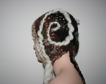 Freeform crochet Hat. Made With My Hand spun art yarn.OOAK Wearable Art.Soft Merino wool.Soft Mixed wool.Hand made. Unique forest fairy hat.