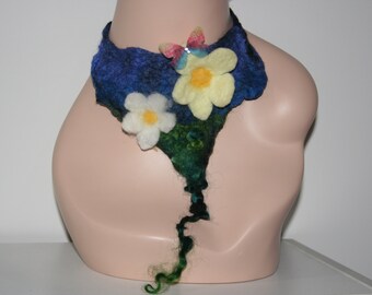Wet Felted flower Neck Warmer. Soft Merino Wool. Blue. Green. White. OOAK. Ties up. Cowl. Neck Cuff. Wet Felted Scarf/Shawl. Curly tendrils.
