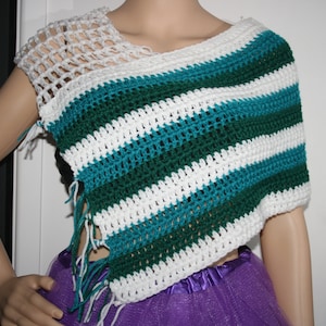 May include: A white and teal striped crochet poncho with fringe. The poncho has a mesh design on the shoulders.