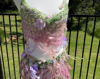 Ethereal Faerie outfit. Tiny butterflies Toadstools Forest Nymph Fairy Festival. Crocheted Textile art to wear top and belt. OOAK. XS