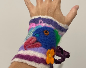 Woodland Felted Parrot Bird Bracelet Wrist Cuff Toe up style. OOAK Wearable Art. Stripes. Pixie Fairy Accessory. Soft Australian Merino wool