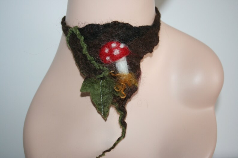 Costume. Festival clothes.OOAK Wearable Art Pixie Fairy Soft Brown Merino wool Felted Ivy Leaf Toadstool Woodland Nymph leaf Necklace
