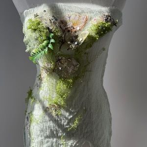 Moss Fern Dew drop Enchanting Forest embellished Ethereal Outfit! Fairy tale textile art to wear dress. Light and Fairy Dress overlay. OOAK.