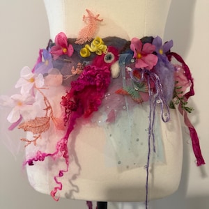 Art to wear Bird belt/neck piece. Felted Bohemian Belt with bird, flowers, vines, Cascading effect. OOAK Wearable Art. Romantic Woodland.