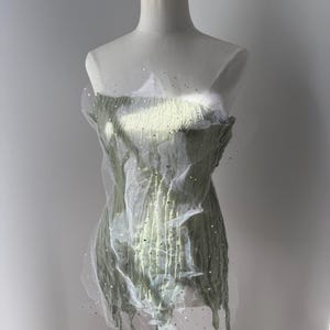 Dew drop Fairy Enchanting Forest embellished Ethereal Outfit! Fairy tale textile art to wear dress. Light and Fairy Dress overlay. OOAK.