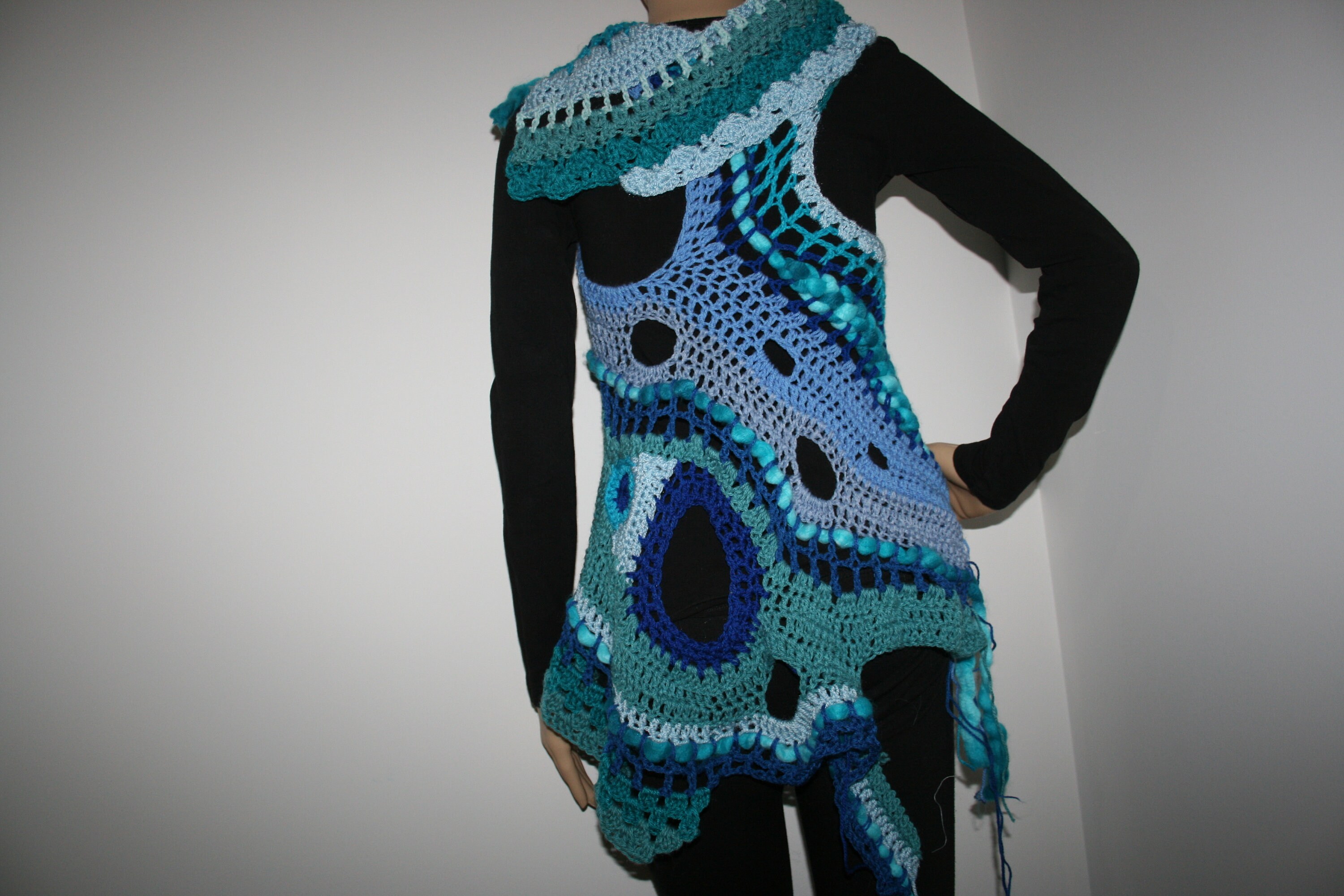 Freeform Crochet Vest Coat in Beautiful Blue Tones. and Purple
