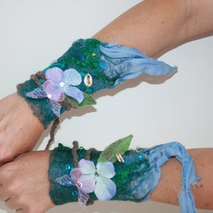 Mermaid Fae Nuno Felted 'Fairy tale Treasure' Woodland Folk Nymph Dreamy Felted Wrist Warmers. OOAK Wearable Art. Gauntlet Style Tie ups.