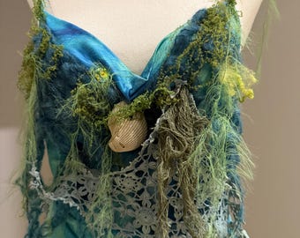Mermaid dress. Art to wear water Nymph long Ethereal dress. Made with love, a huge otherworldly imagination. Cascading lace, seaweed. Size M