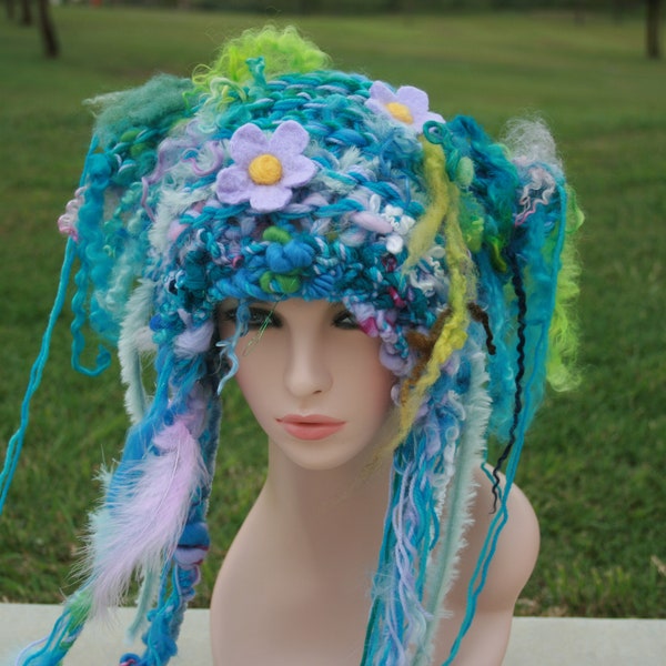 Freeform Knit Fairy tale Mermaid Hat. Made With My Hand spun art yarn. OOAK Wearable Art. Soft Merino wool. Spiral. Unique forest fairy hat.