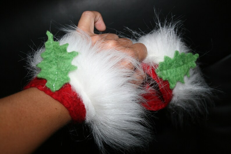 Christmas Elf cuffs Red And White Festive Holly Leaf Felt Wrist Warmers With Fur Wild Winter Woodland Goddess.Gorgeous Soft White Fur.OOAK