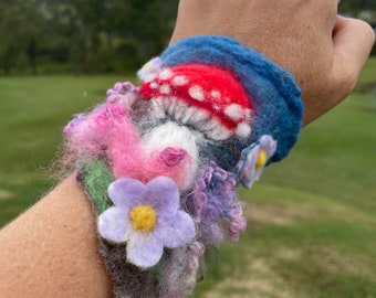 Felted Toadstool and flowers Bracelet Wrist Cuff. OOAK fairy tale Wearable Art. Pixie Fairy Accessory. Fairycore. Toadstool. Ties up.