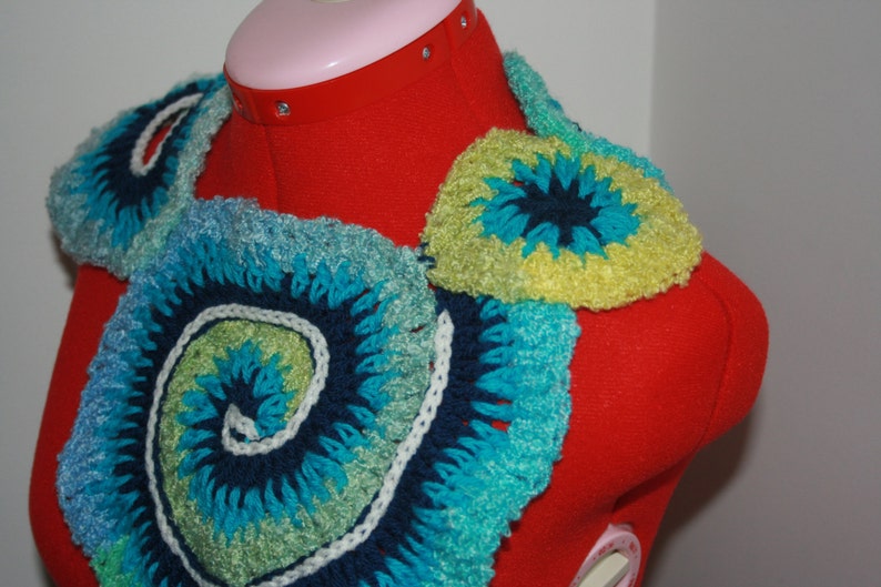 Unique Beautiful Blue Aqua Spiral Freeform Crochet Capelet Ready to ship. One Of A Kind Wearable Art
