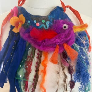Art to wear Purple Duck Bird neck piece. Felted Hippie Bohemian art with bird, flowers.Wool locks cascading effect. OOAK Wearable Art.