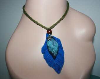 Aqua blue Felted Woodland Nymph leaf Necklace. Pixie Fairy. Festival clothes.OOAK Wearable Art. Aqua Merino wool. Starfish. Neck warmer.