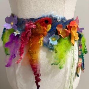 Art to wear Parrot Belt art work. Needle felted bird detail. Soft Australian Merino wool. OOAK Textile Art. Cascading wool locks. Sari silk