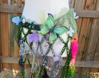 Ethereal Faerie belt/shawl. Bird and Toadstool Forest Nymph Fairy Festival. Crocheted Textile art to wear top. OOAK wearable art.