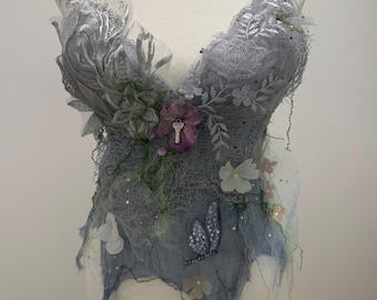 Ethereal Spirit Of The Forest faerie top. Made with love, Cascading lace, tiny beads, butterflies and an otherworldly imagination. Size L