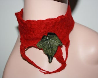 Felted Christmas Elf Garden Gnome Neck Warmer. OOAK. Wooden Button. Cowl. Neck Cuff. Wet Felted. Tree Leaf Scarf/Shawl. Red and green.