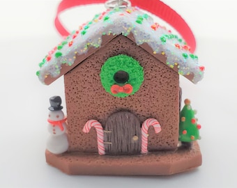 Ornement de maison de pain d'épice, nourriture d'argile de polymère, nourriture miniature d'argile, ornement de Noel d'argile de polymère, ornement d'arbre d'argile de polymère