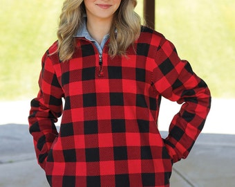 Red and Black Buffalo Check Sweatshirt, Preppy Sweatshirt, Sweatshirt with Pockets, Quarter Zip Sweatshirt, Monogram, Monogrammed Sweatshirt