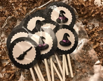 Cupcake Toppers d'Halloween, chapeau de sorcière et bâton de balai Cupcake Toppers, Toppers d'Halloween, Toppers de chapeau de sorcière, Toppers de bâton de balai, Toppers