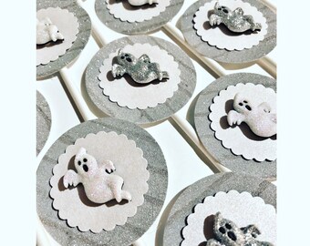 Toppers de cupcakes scintillants fantômes, toppers de cupcakes, toppers, toppers de fête, toppers d’anniversaire, toppers de cupcakes à thème