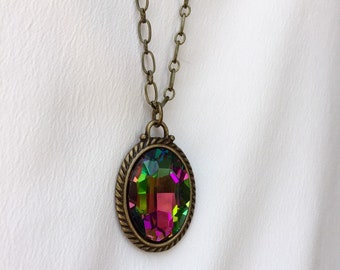 crystal necklace - rainbow necklace - date night jewelry - statement necklace - pink crystal