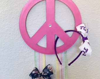 Hair Bow Organizer - Pink peace sign bow holder - personalized hair bow organizer - cheer bow holder - rainbow decor - peace sign door decor