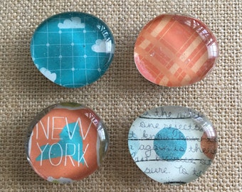 New York magnets - glass magnets - state magnets - stone magnets - pebble magnets -  set of 4 - refrigerator magnets