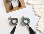 Black green satin finish resin dangle drop earrings Black tassel Studs Handmade