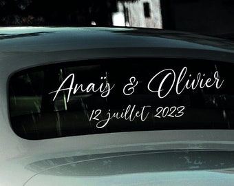 Personalisierter „Just Married“-Aufkleber mit Datum und Vornamen fürs Auto, Schwarz oder Weiß | Frischvermählter Autoaufkleber „Just Married“.