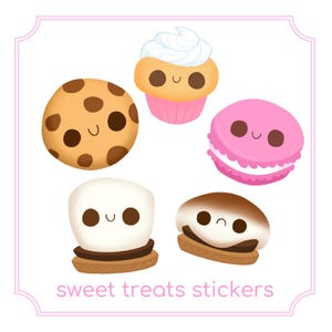 Kawaii Sweet Treat Vinyl Sticker | Cupcake, Chocolate Chip Cookie, French Macaron, S&#39;mores | Cute Food Stickers