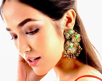 Gold Chandelier Flower Earrings, Gold FLOWER GARDEN Earrings w/ Jade Stone Pollens, Artistic Statement Jewellery