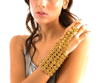 Long Gold Crystal Evening Glove, RED CARPET Gold Crystal Beaded Formal Hand Glove with Citrine stones