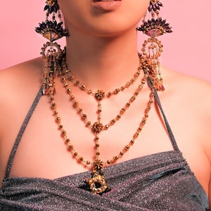 GOLD COSMIC NECKLACE, Gold Crystal Chained Necklace with a Star Ring Pendant, Intergalactica Collection image 1