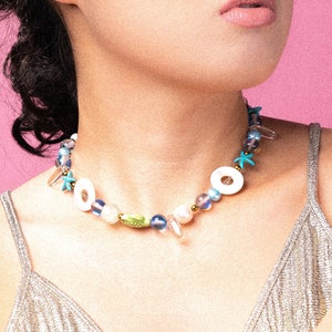 Light Aquamarine Statement Necklace, AQUA GIRL NECKLACE with Mother-of-Pearl Rings and Spike Quartz