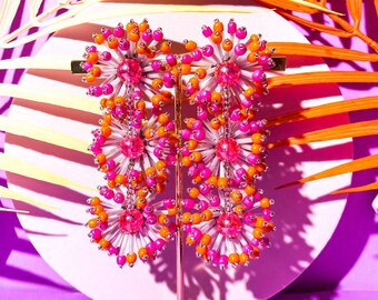 BIG BANG THEORY Earrings, Neon Pink and Orange Chandelier Earrings, Intergalactica Collection