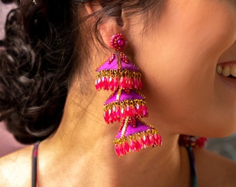 Fuchsia Boho Balinese Statement Earrings, RASPBERRY PARVATI Earrings with Retro Vinyl Beads, Big Hot Pink Magenta Cocktail Earrings