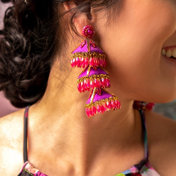 Fuchsia Boho Balinese Statement Earrings, RASPBERRY PARVATI Earrings with Retro Vinyl Beads, Big Hot Pink Magenta Cocktail Earrings
