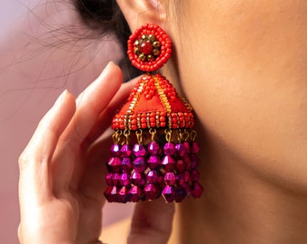 Red Boho Balinese Statement Earrings, FLAMIN' VISHNU Earrings with Retro Vinyl Beads, Big Red Cocktail Earrings