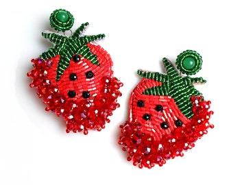 Big Strawberry Fruit Earrings, FROSTED STRAWBERRY Statement Earrings, Big Beaded Earrings for Summer Wear