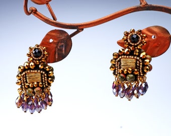 Gold Tribal Earrings, FOGGIN' UP The WINDOWS Earrings with Unakite and Onyx Stones, Collectible Earrings