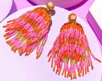 Pink and Orange METEOR SHOWER EARRINGS, Statement Fringe Earrings in Retro Pink and Orange