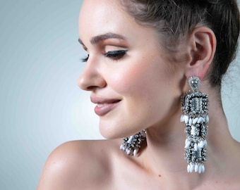 Silver Crystal Chandelier Earrings, MIRROR MIRROR EARRINGS with Crystals, Collectible Earrings