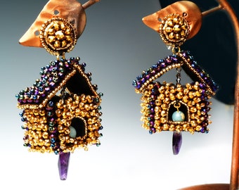 House Earrings, Gold STONEHOUSE CUCKOO CLOCK Earrings with Crystal Cobblestones, Terra Cotta Jasper Stones, and Chevron Amethyst Spikes